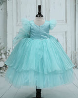 Pleated Organza Frill Sleeve butterfly Patches Full Length-Gown for Baby Girls in Baby Blue (New)