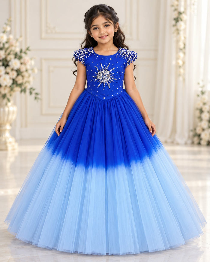 Royal blue and icy blue sleeveless corset yoke gown for baby girl