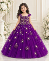 Net Cap Sleeve 3D Floral Appliqué Full-Length Gown for Girl in Dark Purple(New)(Bestseller)