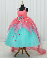 Net Sleeveless Asymmetrical Layered Floral Full Length Gown - Peach & Blue(New)