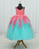 Net Sleeveless Asymmetrical Layered Floral Full Length Gown - Peach & Blue(New)
