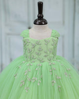 Net Cap Sleeve Fit & Flare Silver Leaf Detailing Full Length Gown - Pastel Green(New)