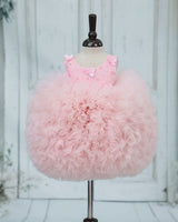 Net Sleeveless Ball Gown Floral Knee Length Frock - Pastel Pink(New)