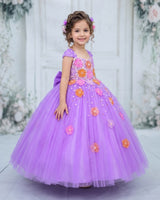 Net Cap Sleeve 3D Hand Crafted Flower Appliques Floral Full Gown - Lavender(New)(Bestseller)