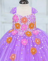 Net Cap Sleeve 3D Hand Crafted Flower Appliques Floral Full Gown - Lavender(New)(Bestseller)