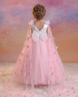 Net Sleeveless Fairy Full Length Gown with Detachable Sleeve Trail & Back Bow - Pink & White (New)