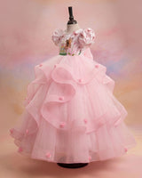 Net Puff Sleeve Twirl-layered Fairy Full Length Gown - Pink & White(New)