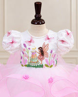 Net Puff Sleeve Fairy Twirl-Layered Full-Length Gown for Baby Girl in Pink & White(New)