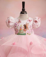 Net Puff Sleeve Twirl-layered Fairy Full Length Gown - Pink & White(New)