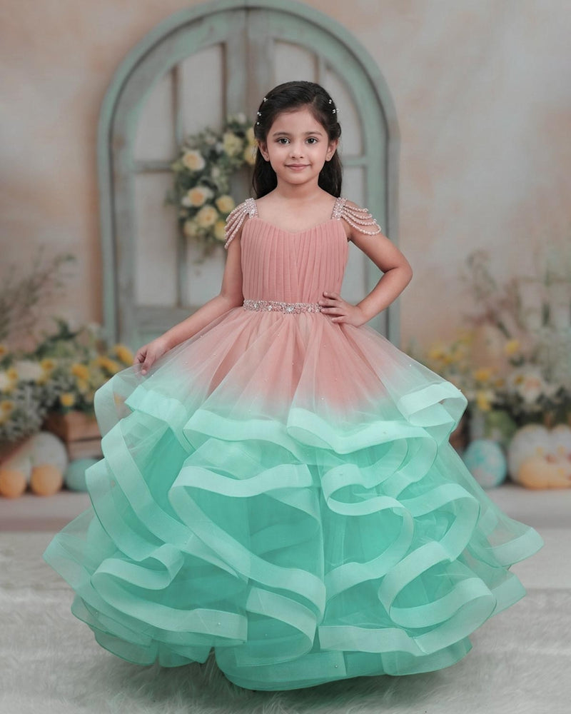 Net Sleeveless Twirl Layered Princess Full Length Gown - Peach & Blue( www.liandli.in Net Sleeveless Twirl Layered Princess Full Length Gown - Peach & Blue( www.liandli.in