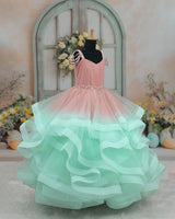 Net Sleeveless Twirl Layered Princess Full Length Gown - Peach & Blue(New)