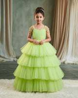 Net Sleeveless Beaded-Shoulder Layered Princess Full-Length Gown - Neon Green(New)