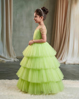 Net Sleeveless Beaded-Shoulder Layered Princess Full-Length Gown - Neon Green(New)