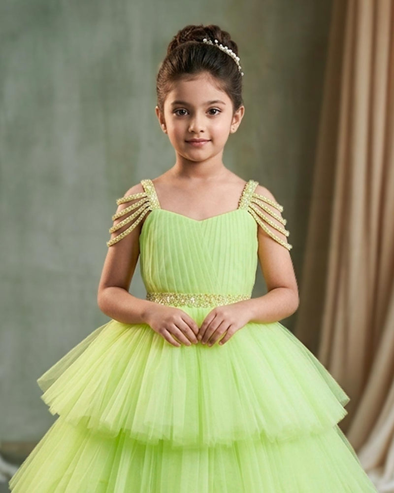 neon green tulle dress Net Sleeveless Beaded-Shoulder Layered Princess Full-Length Gown Color:Vintage Blossom Understanding different types of Tutu is tied comfortably ProductID: 89933