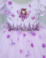 Net Puff Sleeve Aari & 3D Floral Embellished Fairy Full Length Gown - Pink Lavender(New)