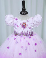 Net Puff Sleeve Aari & 3D Floral Embellished Fairy Full Length Gown - Pink Lavender(New)
