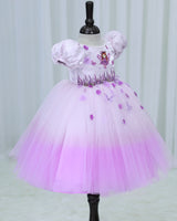 Net Puff Sleeve Aari & 3D Floral Embellished Fairy Full Length Gown - Pink Lavender(New)