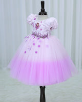 Net Puff Sleeve Aari & 3D Floral Embellished Fairy Full Length Gown - Pink Lavender(New)