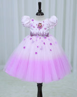 Net Puff Sleeve Aari & 3D Floral Embellished Fairy Full Length Gown - Pink Lavender(New)