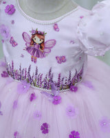 Net Puff Sleeve Aari & 3D Floral Embellished Fairy Full Length Gown - Pink Lavender(New)