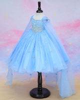 Organza Cap Sleeve Detachable Back Trail Snow Theme Full Length Gown - Blue(New)