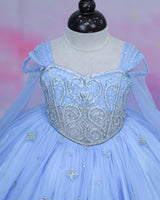 Organza Cap Sleeve Detachable Back Trail Snow Theme Full Length Gown - Blue(New)