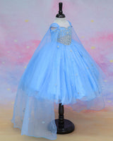 Organza Cap Sleeve Detachable Back Trail Snow Theme Full Length Gown - Blue(New)