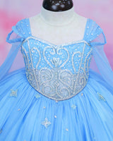 Organza Cap Sleeve Detachable Back Trail Snow Theme Full Length Gown - Blue(New)