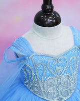 Organza Cap Sleeve Detachable Back Trail Snow Theme Full Length Gown - Blue(New)