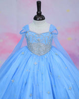 Organza Cap Sleeve Detachable Back Trail Snow Theme Full Length Gown - Blue(New)