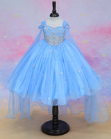 Organza Cap Sleeve Detachable Back Trail Snow Theme Full Length Gown - Blue(New)