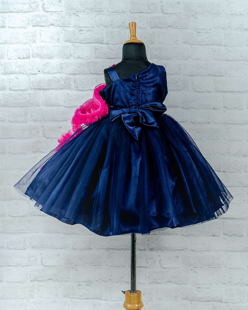 Navy Blue & Rani Pink Butter fly One Side Twirled Gown