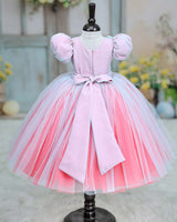 Net Puff Sleeve Floral Print Full Gown - Flamingo Pink & Tame Teal(New)