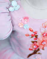 Net Puff Sleeve Floral Print Full Gown - Flamingo Pink & Tame Teal(New)