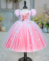 Net Puff Sleeve Floral Print Full Gown - Flamingo Pink & Tame Teal(New)