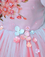 Net Puff Sleeve Floral Print Full Gown - Flamingo Pink & Tame Teal(New)