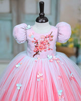 Net Puff Sleeve Floral Print Full Gown - Flamingo Pink & Tame Teal(New)