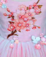 Net Puff Sleeve Floral Print Full Gown - Flamingo Pink & Tame Teal(New)