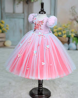 Net Puff Sleeve Floral Print Full Gown - Flamingo Pink & Tame Teal(New)