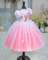 Net Puff Sleeve Floral Print Full Gown - Flamingo Pink & Tame Teal(New)