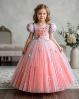 Net Puff Sleeve Floral Print Full Gown - Flamingo Pink & Tame Teal(New)