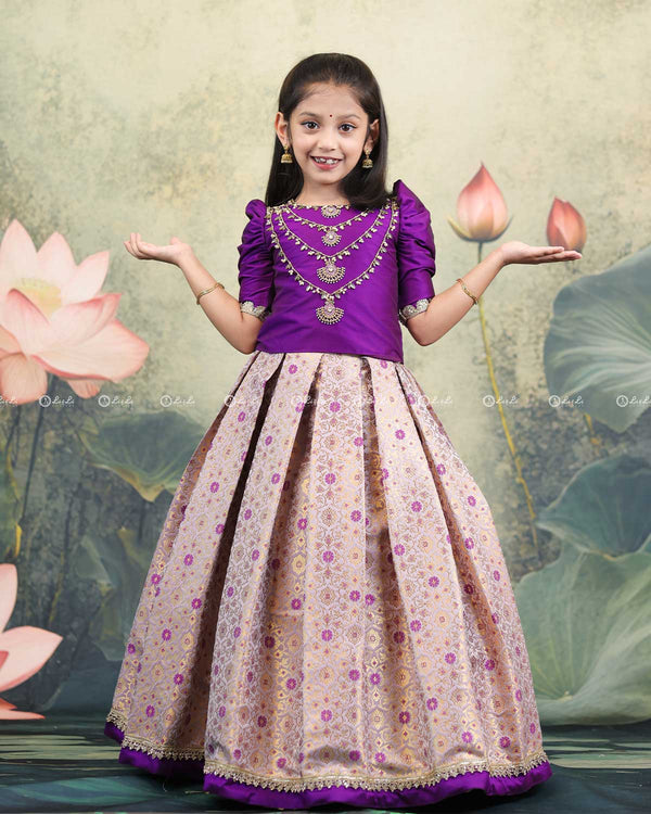 Purple Crop Top With Handworked Layer Necklace And Brocade Skirt