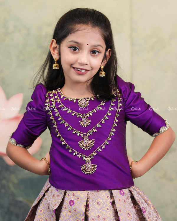 Purple Crop Top With Handworked Layer Necklace And Brocade Skirt