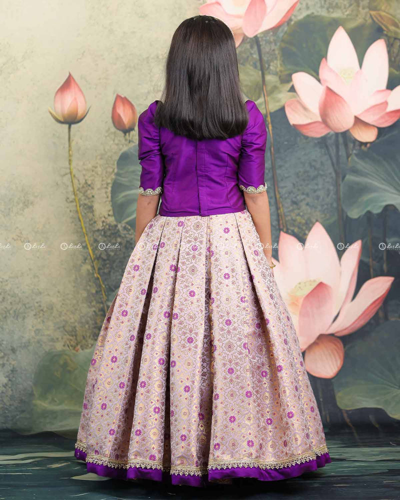 Purple Crop Top With Handworked Layer Necklace And Brocade Skirt