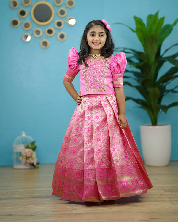 Buy Kids Pink Brocade Pattu Pavada Set Online | Kids Ethnic Wear Online