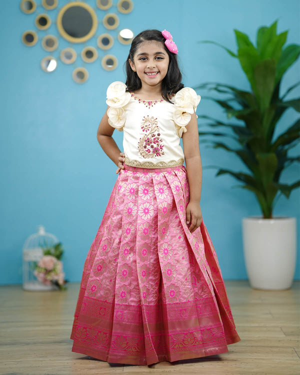 Kids Pink Brocade Skirt and Top Online | Pattu Pavada Set Online For Kids