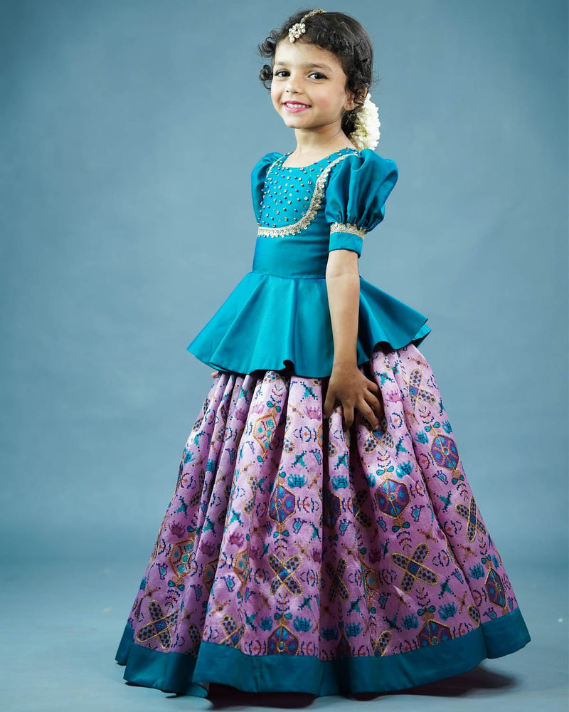 Kids Green Peplum Top and Pink Zari Embroidery Skirt | Kids Traditional Wear Online