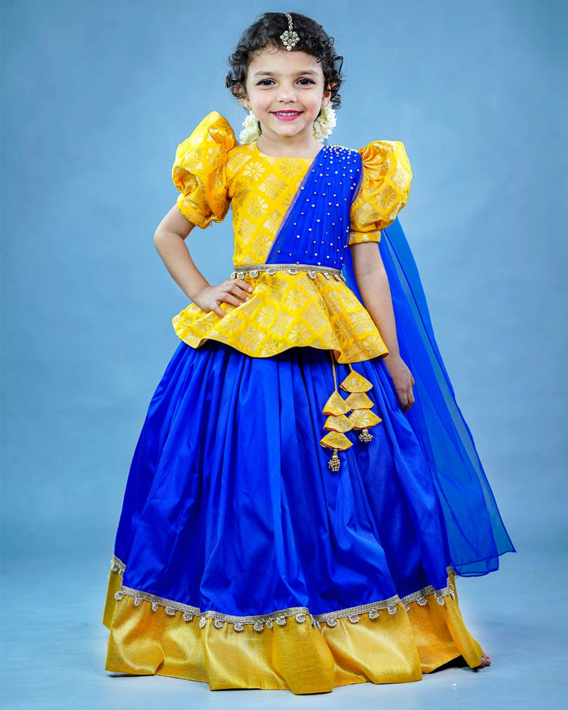 Kids Yellow and Blue Saree Top and Skirt Online Kids Traditional