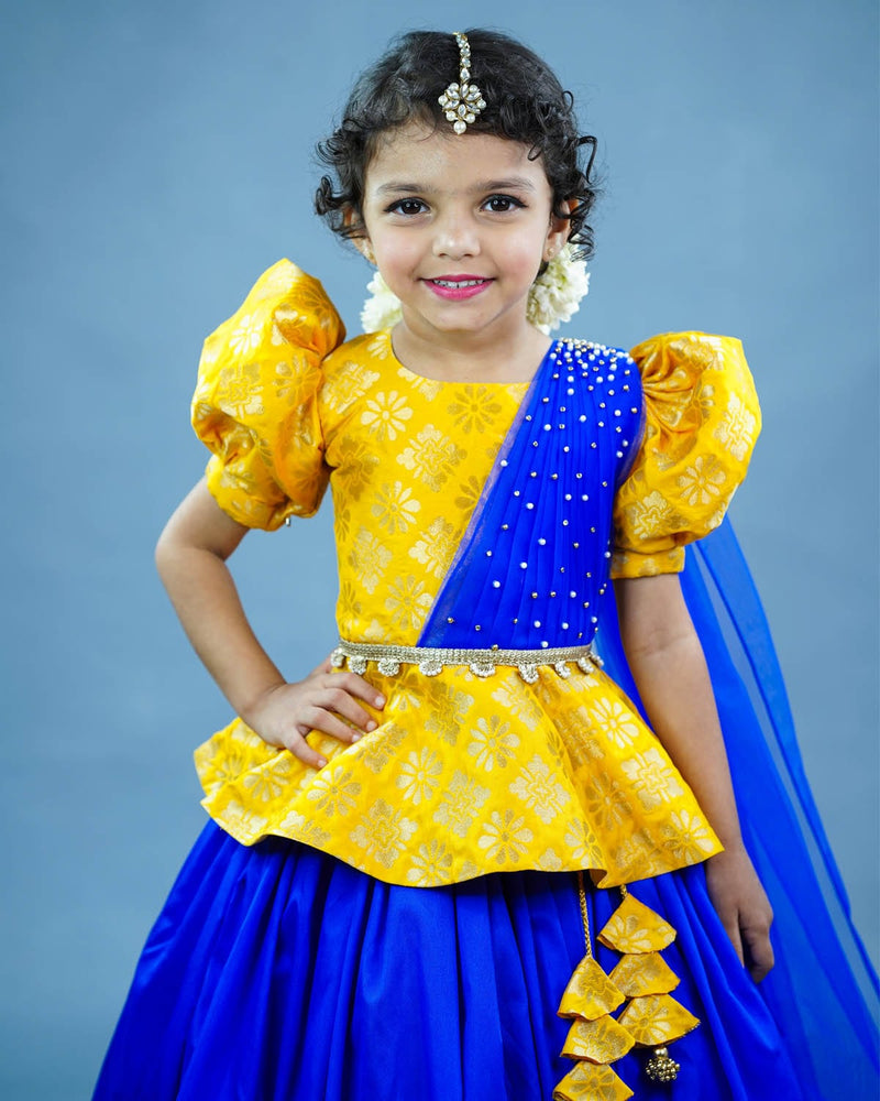 Mango yellow and royal blue peplum saree top and skirt
