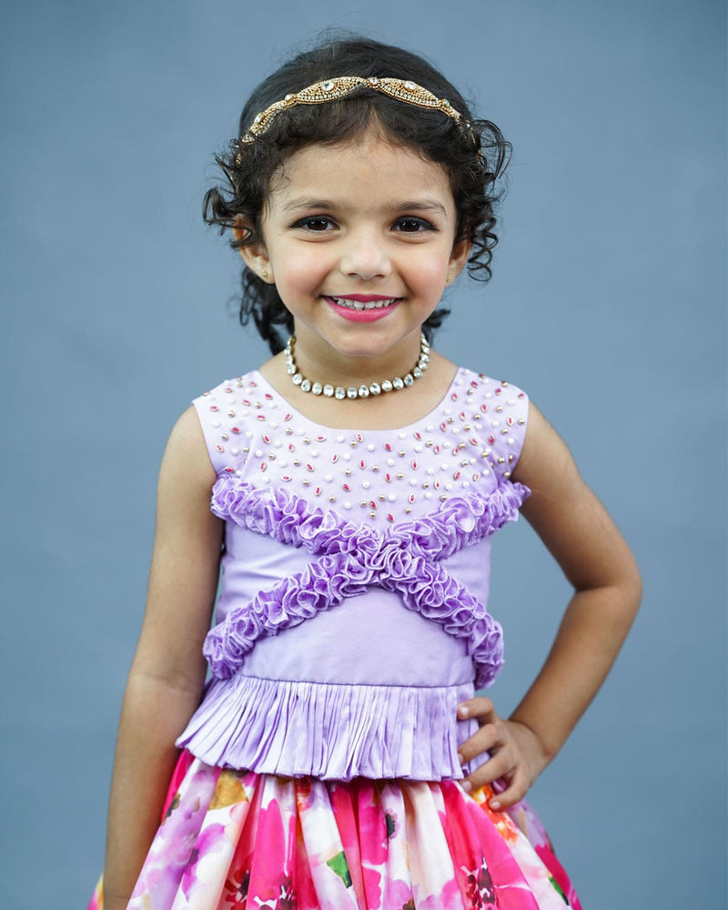 Kids Pink and Lavender Floral Print Skirt and Top Online | Designer Kids Clothes Online in Tamil Nadu